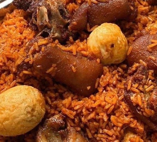 Jollof with Fried Egg and Meat
